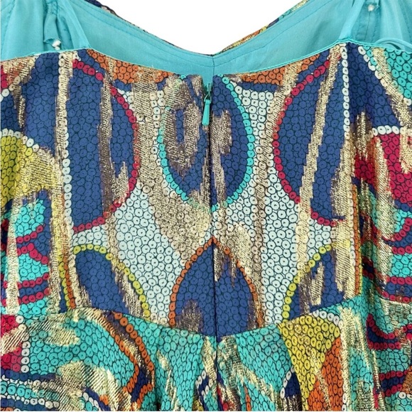 Nicole Miller Teal & Gold Embellished Silk Formal Evening Dress - Picture 5 of 8